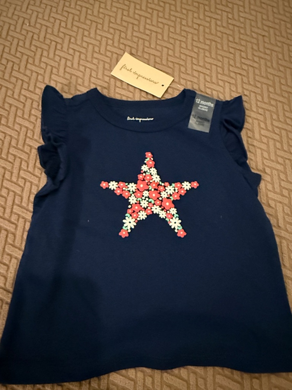 First Impressions Navy Short Sleeve Top with Red & White Floral Star